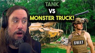 Vet Reacts! *TANK VS MONSTER TRUCK* Laws Don't Apply To Me... I Own A Tank