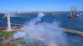 USS Constitution and Fort Independence exchange 21 Gun Salutes.