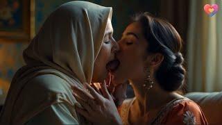 Older Arab Woman and Young Indian Woman Share a Lesbian Kiss