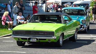 Classic US & Muscle Cars leaving a Car Show in Grefrath- Impala, Nova, Coronet, Mach 1, El Camino..