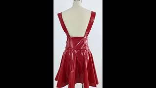 PVC Sleeveless Spaghetti Strap Dress Women Gothic Wet Look Leather A-line Mini Pleated Club Dresses