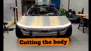 CyberPlaid build: cutting the body to align with the CyberTruck hood