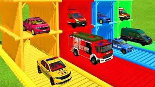 Garage with Colors  - TRANSPORTING POLICE VEHICLES, AMBULANCE CARS and FIRE TRUCKS !! FS22