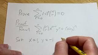 Prove that Sum((-1)^n * (n choose r)) = 0