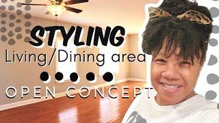 How to Arrange Open Concept Living/Dining room - Before & After| gray sectional couch decor