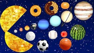 Planet Sizes Sport Balls fruits Solar System Comparison  Planets game Planets for Kids惑星を学ぼう　子供・幼児