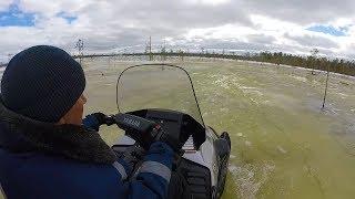 Winter fishing in the spring of 2017. SNOWMOBILE ON WATER. Through swamps, forests, streams.