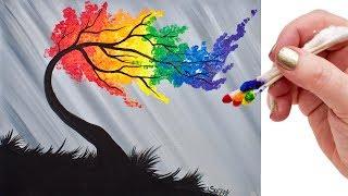 Rainbow Willow Tree Q Tip Acrylic Painting for Beginners tutorial  | TheArtSherpa