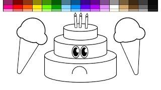 Learn Colors for Kids and Color Sad Layered Birthday Cake and Ice Cream Coloring Page