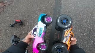 TRAXXAS MINI MAXX 6s tires AND ARRMA MOJAVE BLX GROM 2s SPEED TEST NEW TIRES OTW 4 MINI MAXX