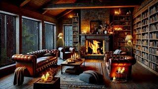 Cozy Fireplace with Heavy Rain Sounds Outside | Relaxing Ambiance for Sleep and Stress Relief