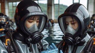 Magicall robot Girls wearing latex full face gas masks and scuba diving gear dress in the water