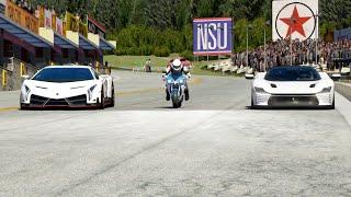 Yamaha YZF-R1 2008 vs Lamborghini Venevno vs Ferrari Daytona SP3 at Old SPA