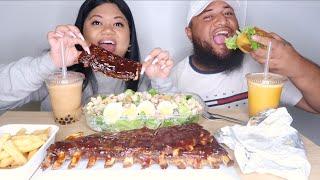 COSTCO MUKBANG | RIBS, CEASAR SALAD, CHICKEN BURGER & BUBBLE TEA