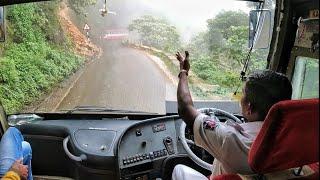 Multi axile Bus meets another Bus in a Tight Ghat section Turn