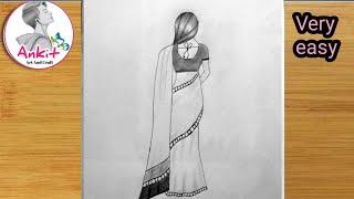 how to draw a girl wearing Saree / beautiful traditional girl drawing for beginner's /pencil sketch