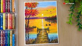 Beautiful Sunset Lake & Nature Scenery with Oil Pastels | Step-by-Step Art for Beginners