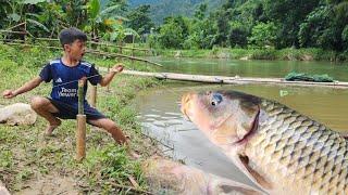 Using bamboo tubes to fish, today Bac was very lucky to catch a giant 9kg carp in a big stream.