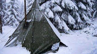 Caught in the snow at -11 degrees - heavy snow winter solo overnighter in hot tent