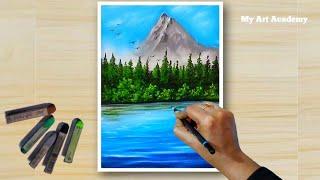 ️ How To Draw Realistic TREES, WATER, MOUNTAIN (step by step) - Soft Pastel Drawing