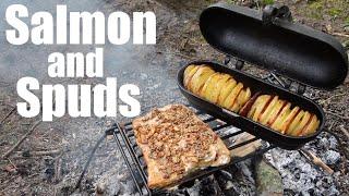 Campfire Cooking.  Grilled Salmon with Potatoes.  Cast Iron Baking.