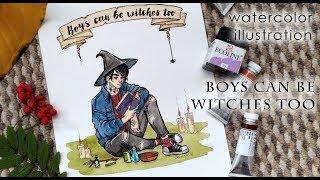 Watercolor illustration Boys can be witches too