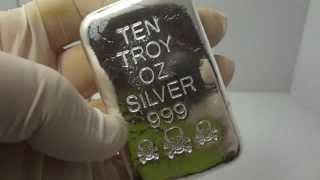 10 troy oz silver hand poured bullion bar .999 fine by Atlantis Mint