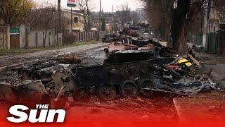 Streets of war-torn Bucha are littered with destroyed Russian tanks