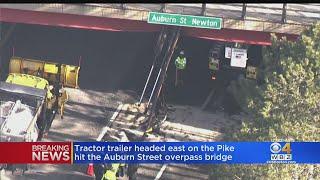 Truck hits bridge on Massachusetts Turnpike in Newton