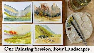 Four Simple Landscape Painting Ideas | Watercolour Greeting Cards | Loose Expressive Sketching