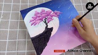 Vẽ đêm trăng - Moonlight night painting | Acrylic painting | AliNice Channel