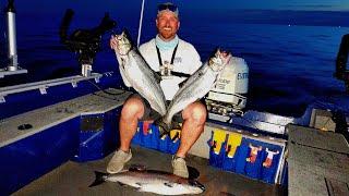 Crazy Lake Michigan SALMON Fishing!!!...Triple at Sunset!!!