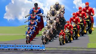 Big & Small: Flash vs Thanos vs Superman on a motorcycle vs Trains | BeamNG.Drive