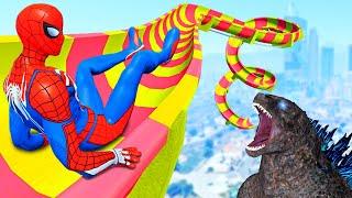 SpiderMan VS Godzilla - Funny Water Slides in GTA 5