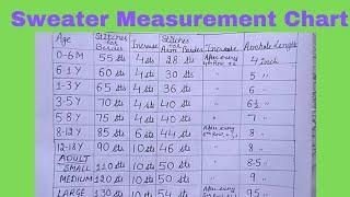 Sweater Measurement Chart for 0-18 year and adults. #knitting #handmade