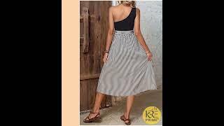 KRE Prime Women Striped One-Shoulder Slit Dress