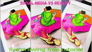 Social media vs reality live drawing free tutorial #ononnasartstudio #artandcraft #painting