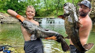 Noodling Giant Creek Monster Flathead Catfish!