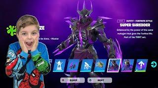 My 10 Year Old Kid Reaction To Me Giving Him NEW Fortnite Battle Pass Skin SUPER SHREDDER (TMNT)