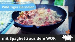 Spaghetti mit Wild Tiger Garnelen aus dem Grillschweine WOK