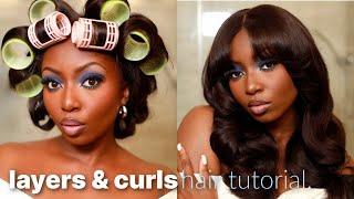 How To Get Voluminous Curls With A Curling Iron | Curtain Bang Wig With Layers & Curls Hair Tutorial