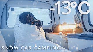 [SNOW CAR CAMPING] Frozen waterfall at the top of a mountain and staying in alone in a small car.