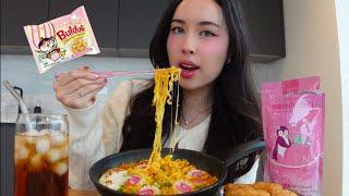 spicy cream carbonara noodles MUKBANG + life update 