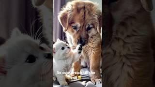 Too Tiny to Get Attention! Kitten's Paws Can't Move Golden Puppy! 