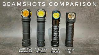 Top View Beamshots Comparison - Armytek Wizard C2 Pro Max LR (warm) vs Olight Perun 2 & Convoy H3