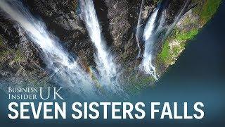 Beautiful drone footage captures Norway's 250-metre high Seven Sisters waterfall