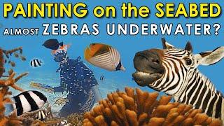 Artistic scuba girl creates underwater paintings. Modern art by Olga Belka. Contemporary art