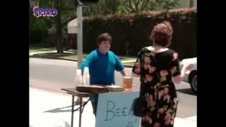 fat boy sells beer on the street prank lost bet cracking jokes