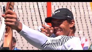 Rafael Nadal and Marc Lopez at the Olympic stadium in Barcelona, 24 April 2017