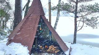 3 Days Winter Bushcraft - SNOW STORM HOT TENT